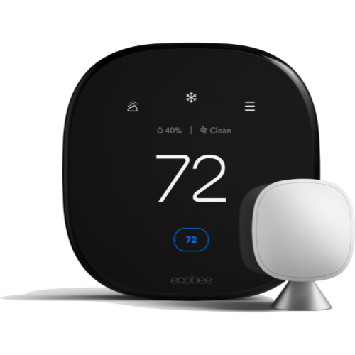 Ecobee smart thermostat showing 72°F with a white sensor beside it on a black background