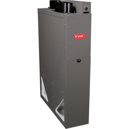 Gray Bryant HVAC furnace unit with black vent pipes on top and red logo on front