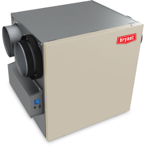 Beige Bryant HVAC unit with side vents and a silver top panel
