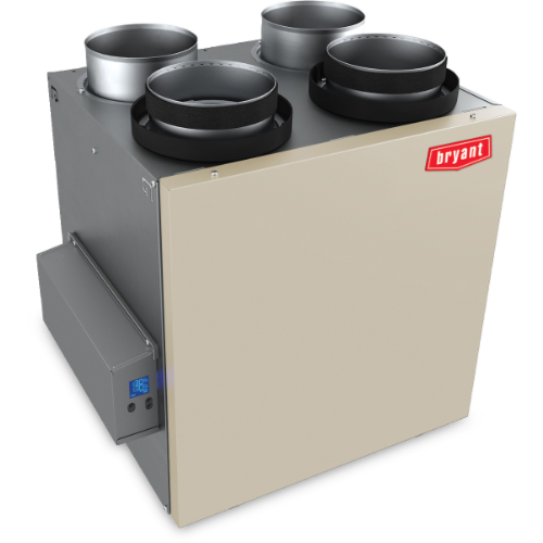 Compact Bryant HVAC unit with four round duct openings on top and a beige front panel