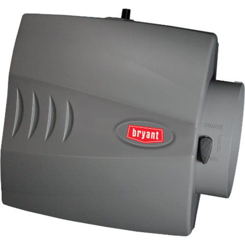 Gray Bryant wall-mounted heating unit with red logo and side control dial