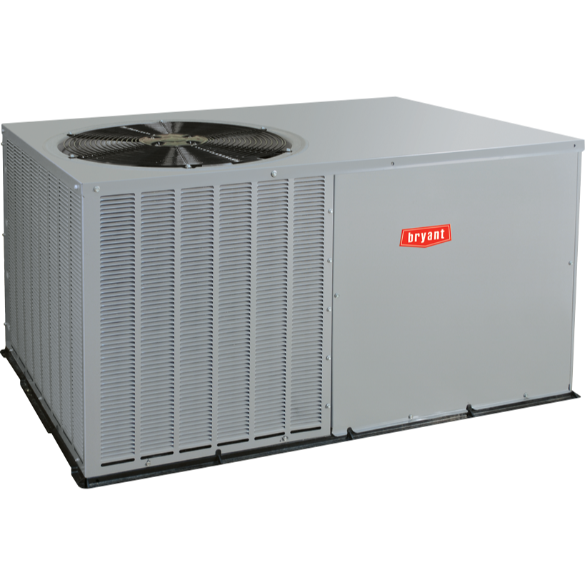 Large gray rooftop HVAC unit with black fans and vented panels