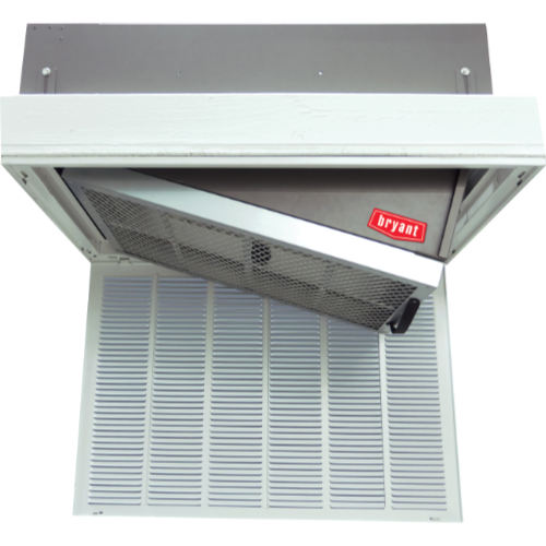 Open ceiling-mounted Bryant air conditioner with vented grille and white housing