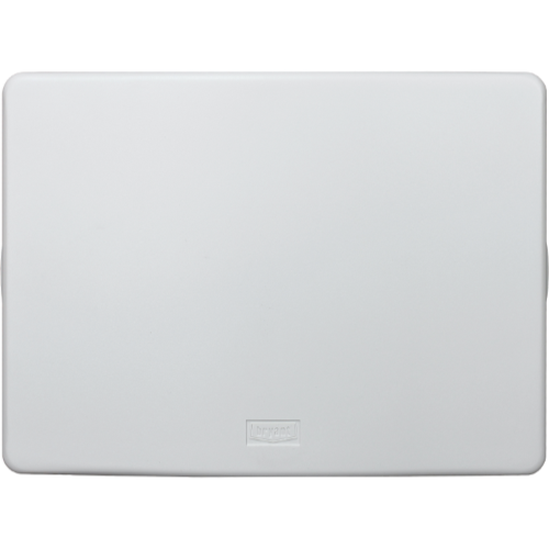 White rectangular wall-mounted panel with a small logo at the bottom center