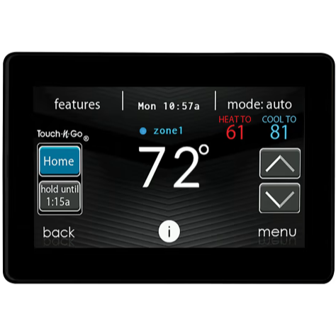 Digital thermostat display showing 72°, with home and menu buttons and heat/cool settings.