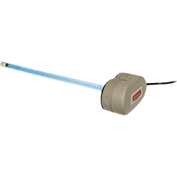 Blue pencil inserted into a beige handheld sharpener with a black cord on a white background