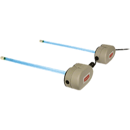 Two blue light sticks with beige battery packs on a white background