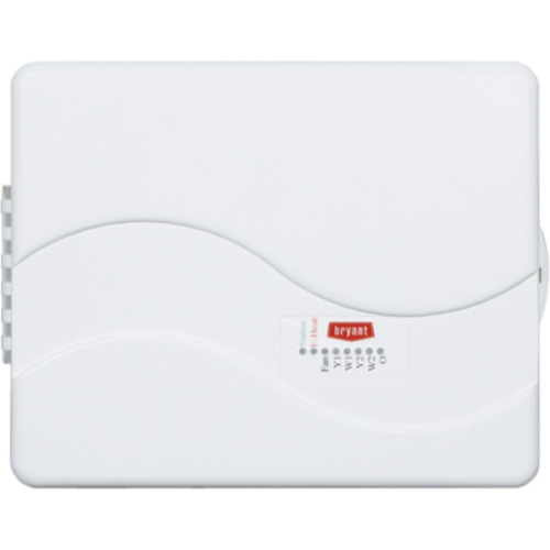 White wall-mounted appliance with a curved front and small red control panel in the center
