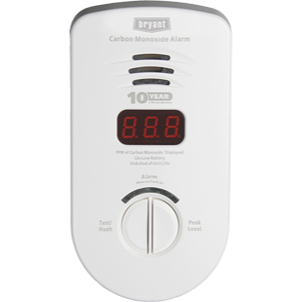 Bryant carbon monoxide alarm with digital display and test/reset button on white background