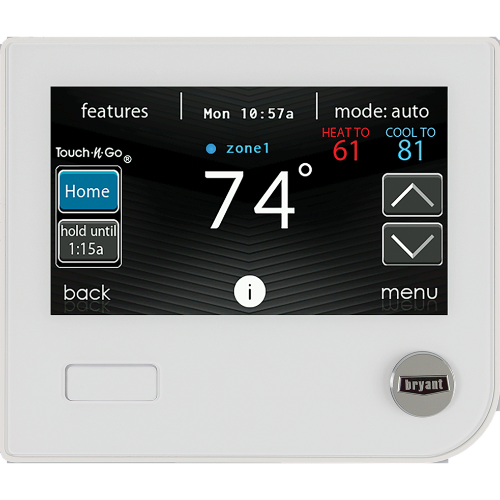 White Bryant touchscreen thermostat showing 74° with mode auto and heat/cool settings.