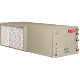 Beige HVAC air handler unit with white grille filter panel and red brand label