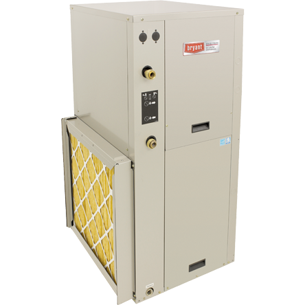 Beige HVAC air handler cabinet with yellow filter panel and control knobs
