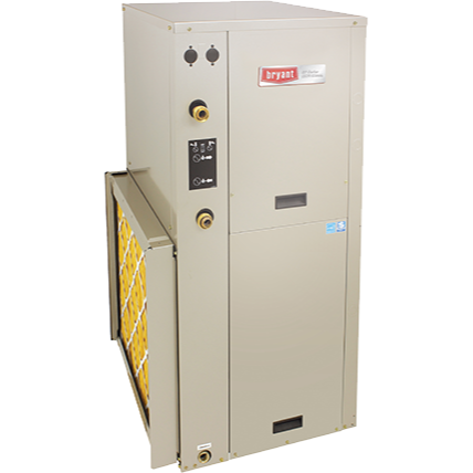Beige industrial HVAC unit with side fan panel and control dials.