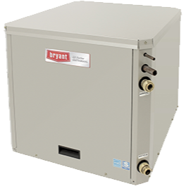 Beige Bryant HVAC unit with side connection ports and front access panel