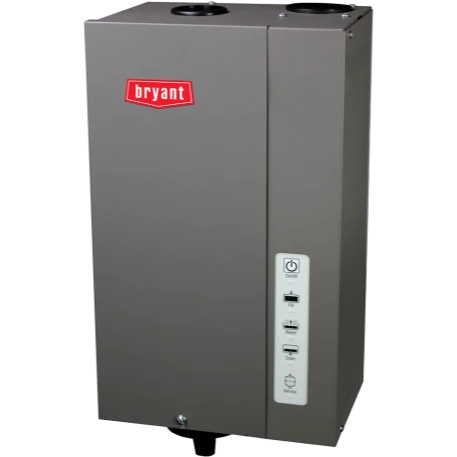 Gray Bryant wall-mounted HVAC unit with front control panel and red logo