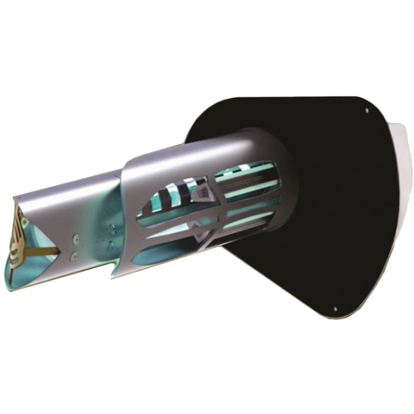 Metallic cylindrical device with aqua accents attached to a black shield-like base