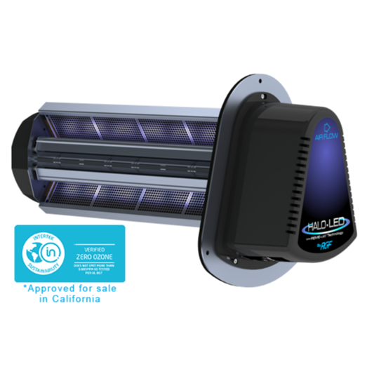 Blue and black cylindrical air purifier with purple UV lights and California approval label