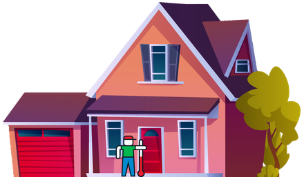 Person standing by the front door of a pink house with red shutters and a red garage