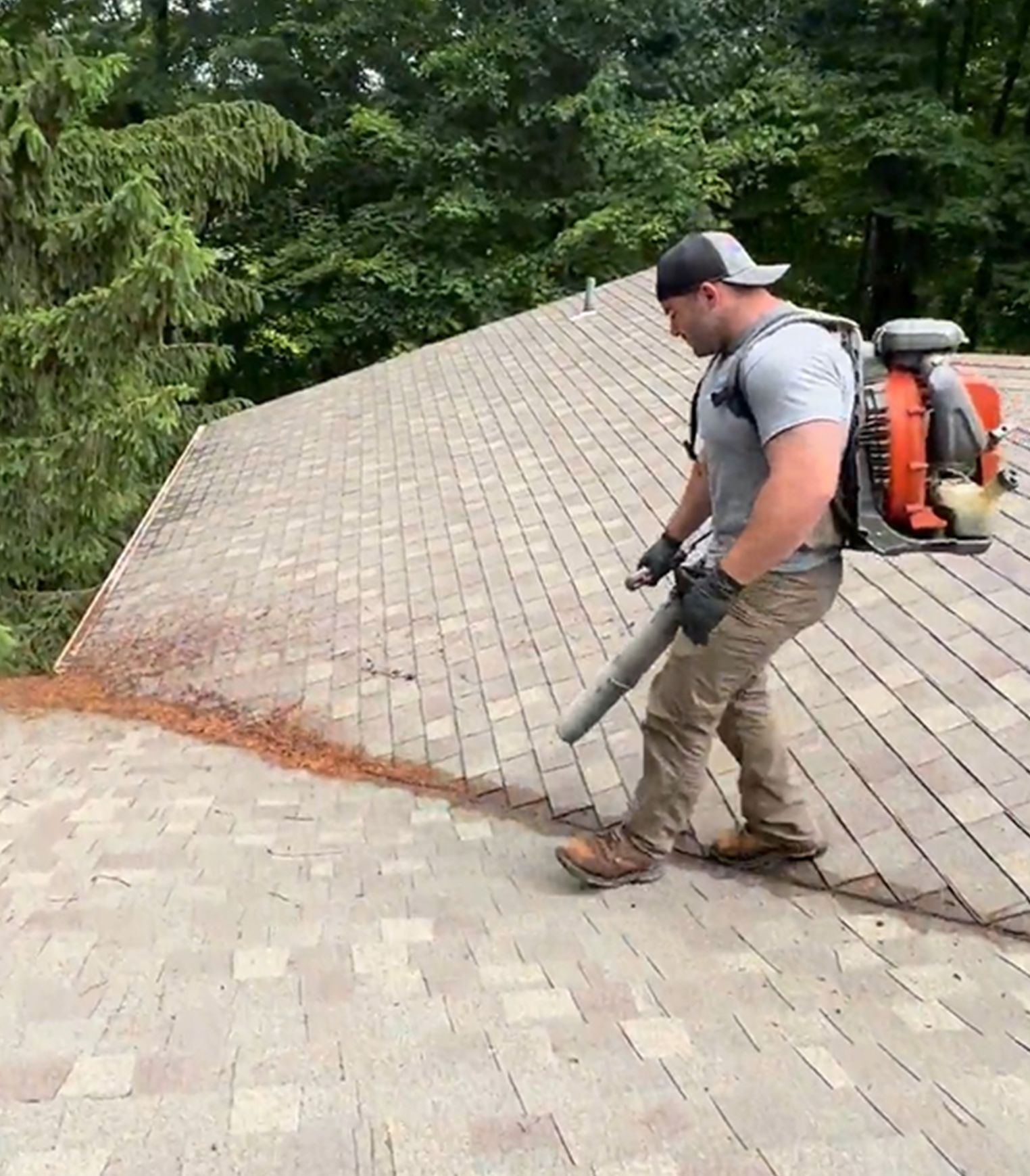 A person wearing a backpack leaf blower clears debris from a shingled roof surrounded by trees.