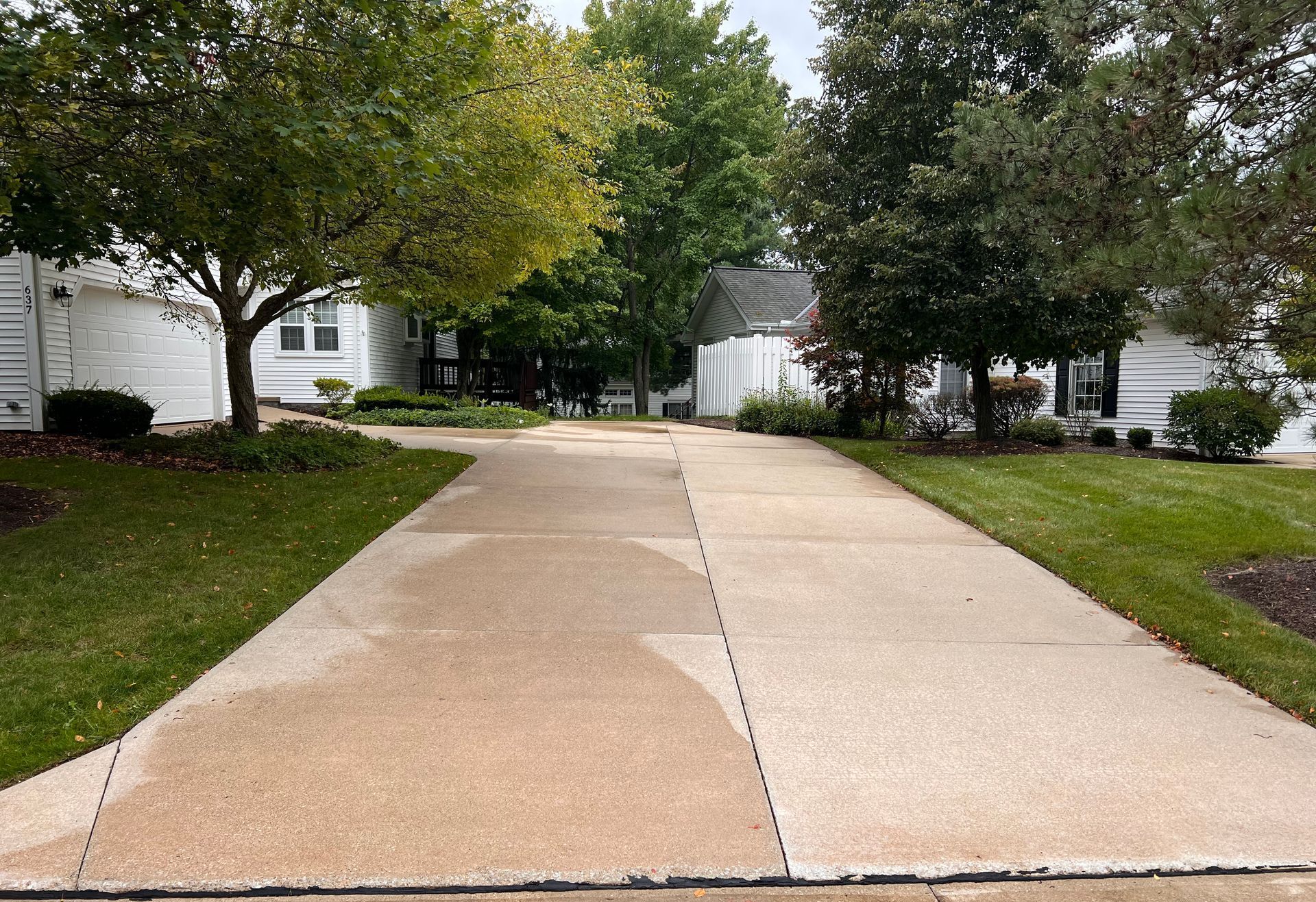 A concrete driveway extends from the foreground toward two white houses surrounded by green trees and lawns.