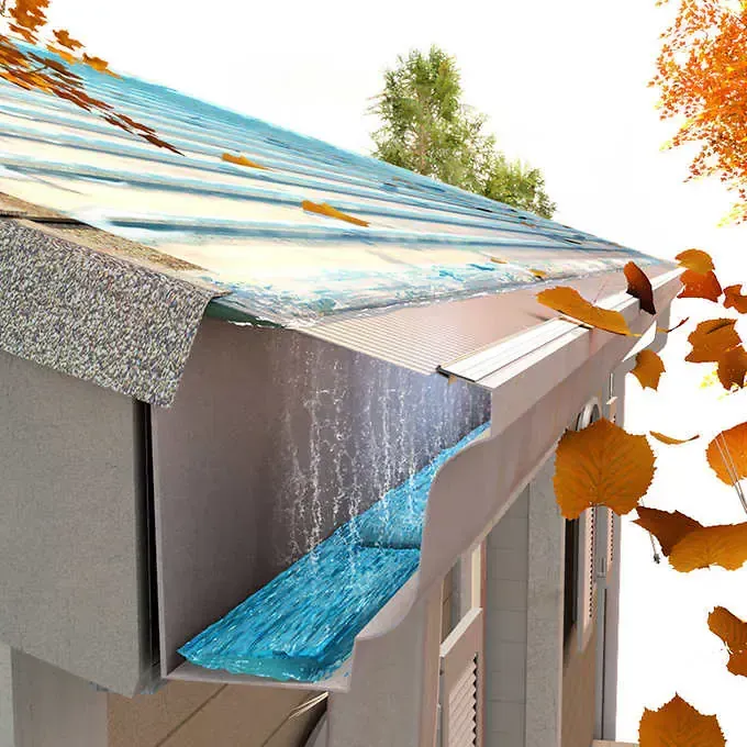 A cross-section illustration of a house gutter with a mesh cover allowing rainwater to flow while leaves fall around it.