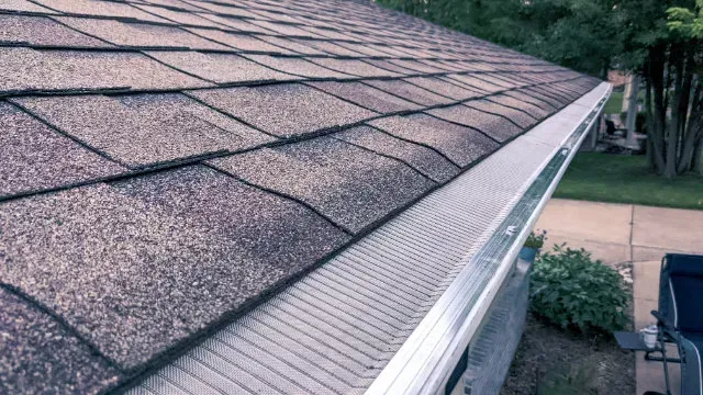 A close-up view of a shingled roof edge featuring a metal mesh gutter guard installed over the rain gutter.