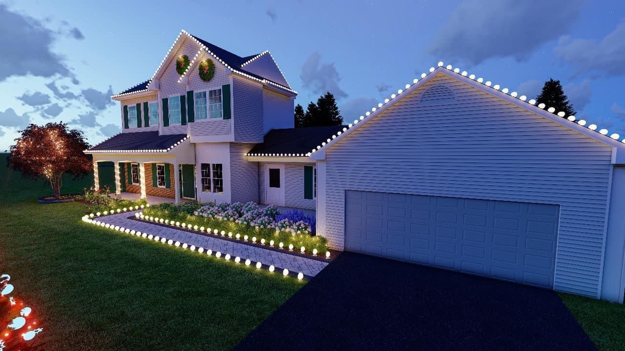 A two-story house at twilight decorated with glowing string lights along the roofline, porch, and garden walkway.