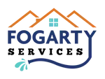 Logo for Fogarty Services: brown house icon, blue text, and a blue water hose curving under the word 