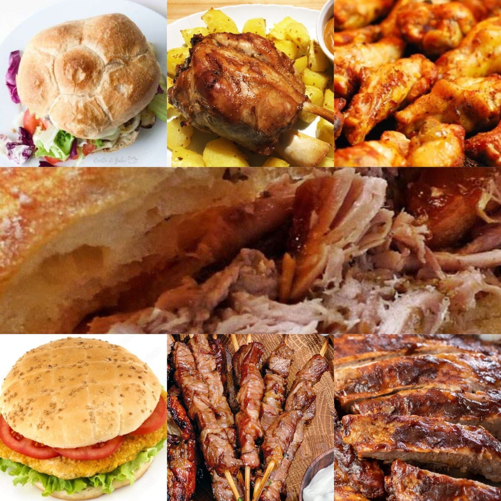Assortimento di carni cotte: panino, maiale arrosto con patate, alette di pollo, maiale sfilacciato, hamburger, spiedini e costine.