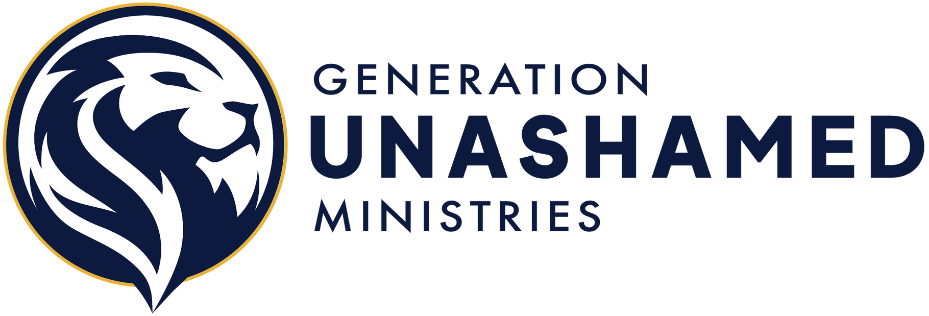 A dark blue circular icon featuring a white lion silhouette next to the text 