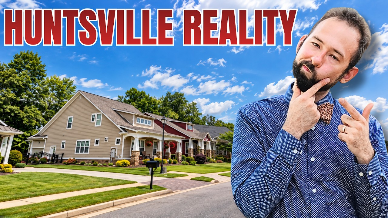 Huntsville Realty banner with a suburban house and a bearded man pointing at the camera