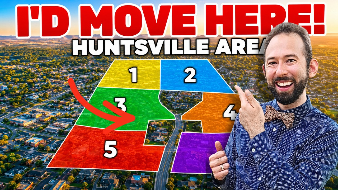 Man pointing at a colorful Huntsville area map with “I’D MOVE HERE!” text above it