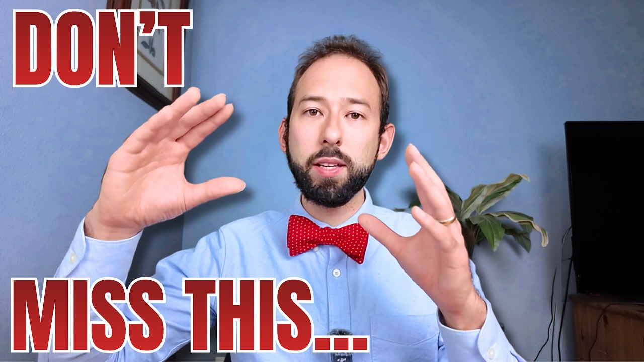 Man in light blue shirt and red bow tie gesturing in front of a blue background with “DON’T MISS THIS...” text