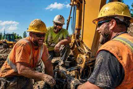 Three construction workers in hard hats working beside a yellow excavator under a blue sky