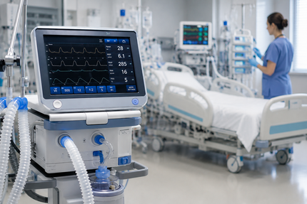 Hospital room with ventilator monitor in foreground and a nurse beside a patient bed