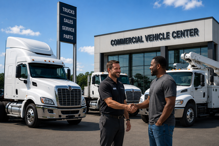 Two men shaking hands outside a commercial vehicle center, with white trucks parked nearby.