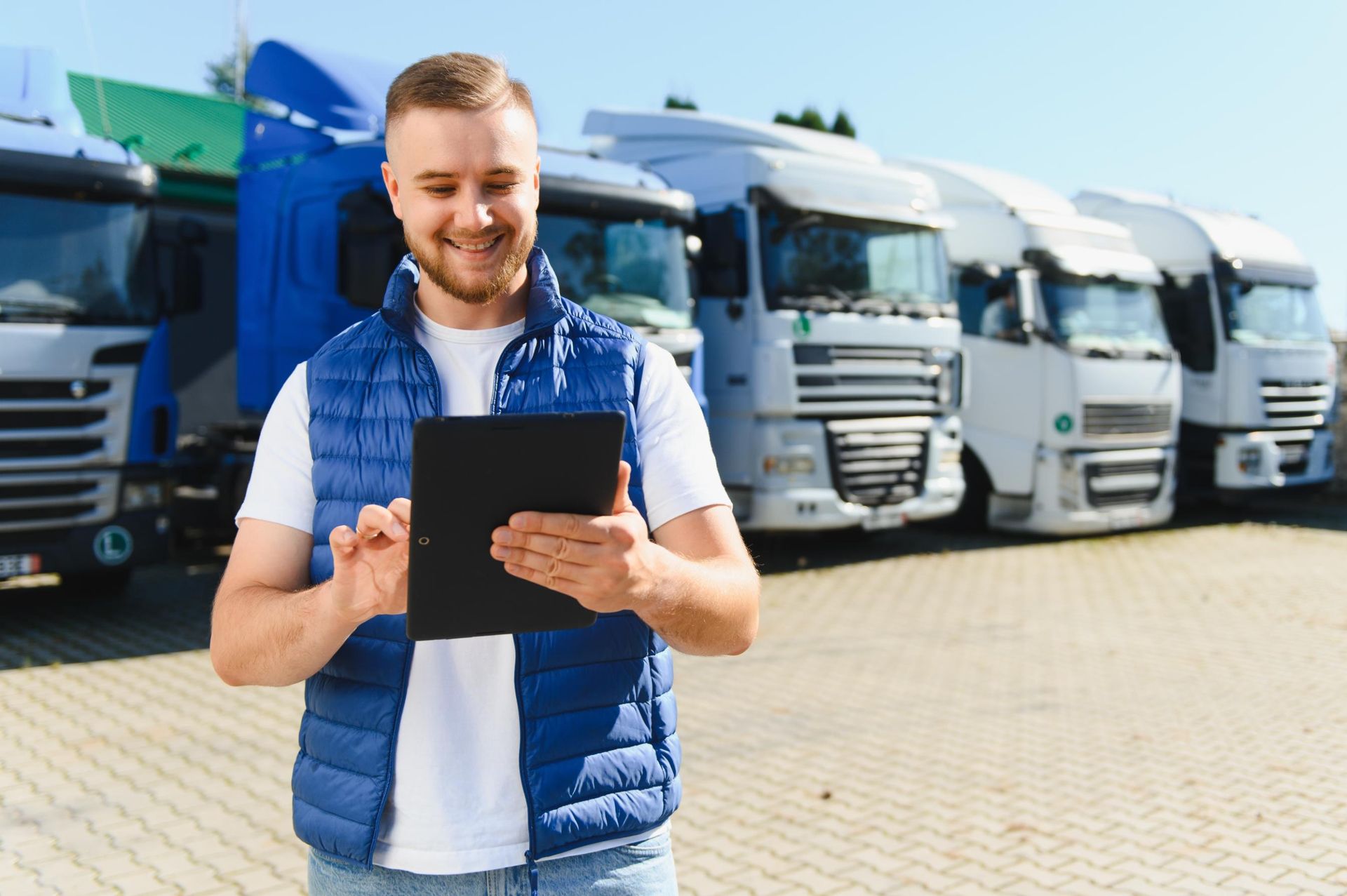 Man in blue vest using a tablet in front of parked delivery trucks