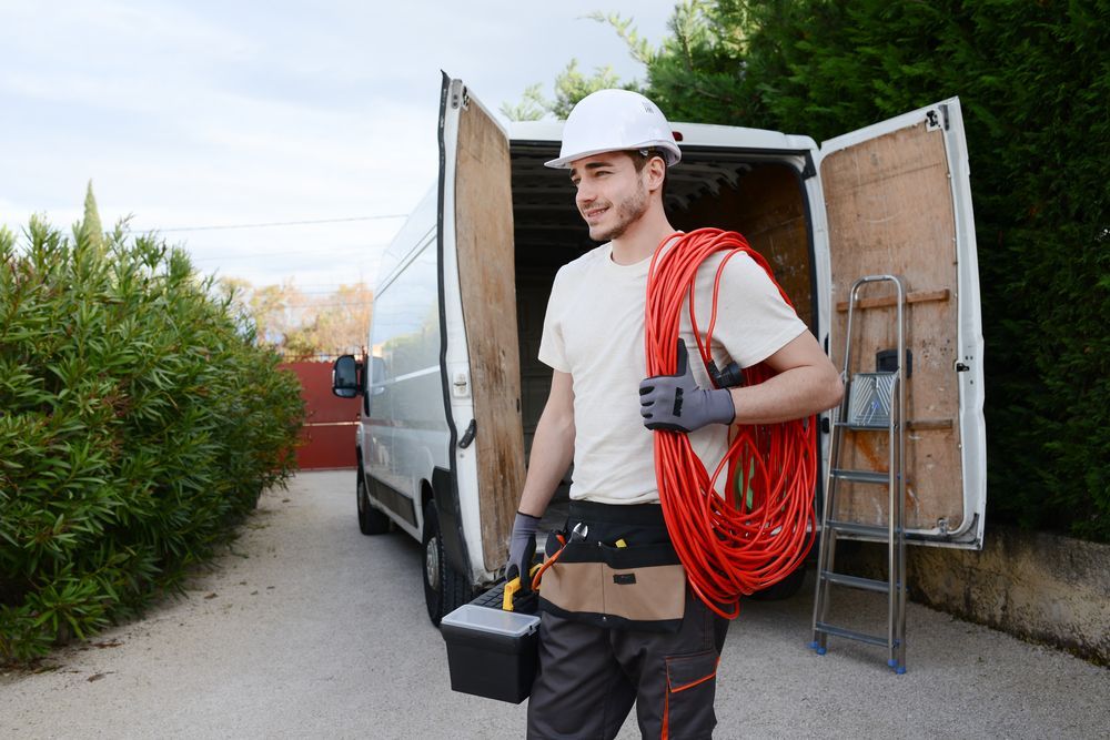 Worker in hard hat carrying a red cable reel beside a van on a roadside.