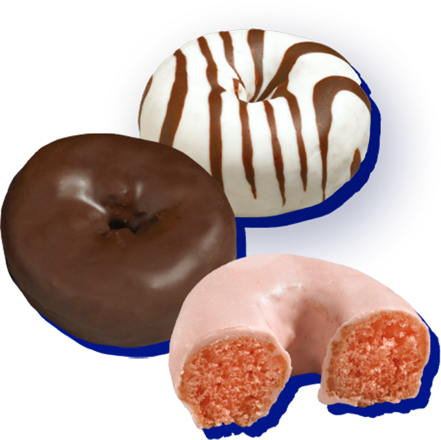image of three mini donuts - zebra, fudge round and strawberry shortcake grouped together