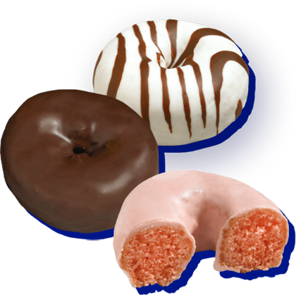 Frosted, Zebra Stripe, and Strawberry donuts