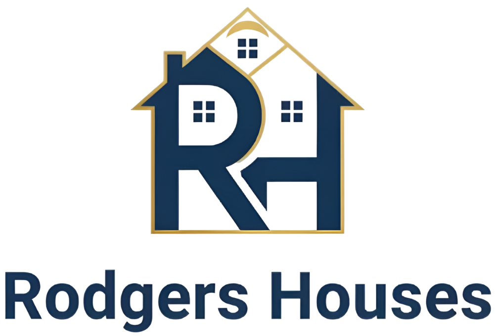 Rodgers Houses logo with navy and gold house icon and text on a white background