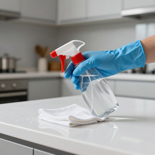 Gloved hand spraying cleaner onto a white cloth on a kitchen counter