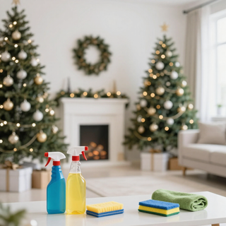 Christmas living room with cleaning supplies in front of a fireplace and decorated trees