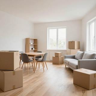 Bright unfurnished living room with moving boxes, dining table, gray sofa, and sunlight through windows