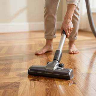 Person vacuuming a wooden floor with a canister vacuum cleaner