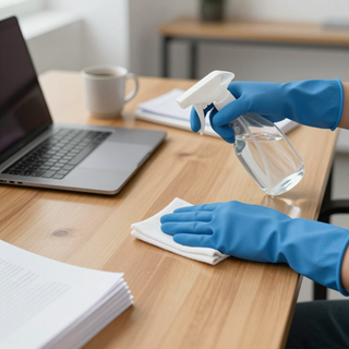 Blue-gloved hands cleaning a desk with a spray bottle and cloth beside a laptop and papers