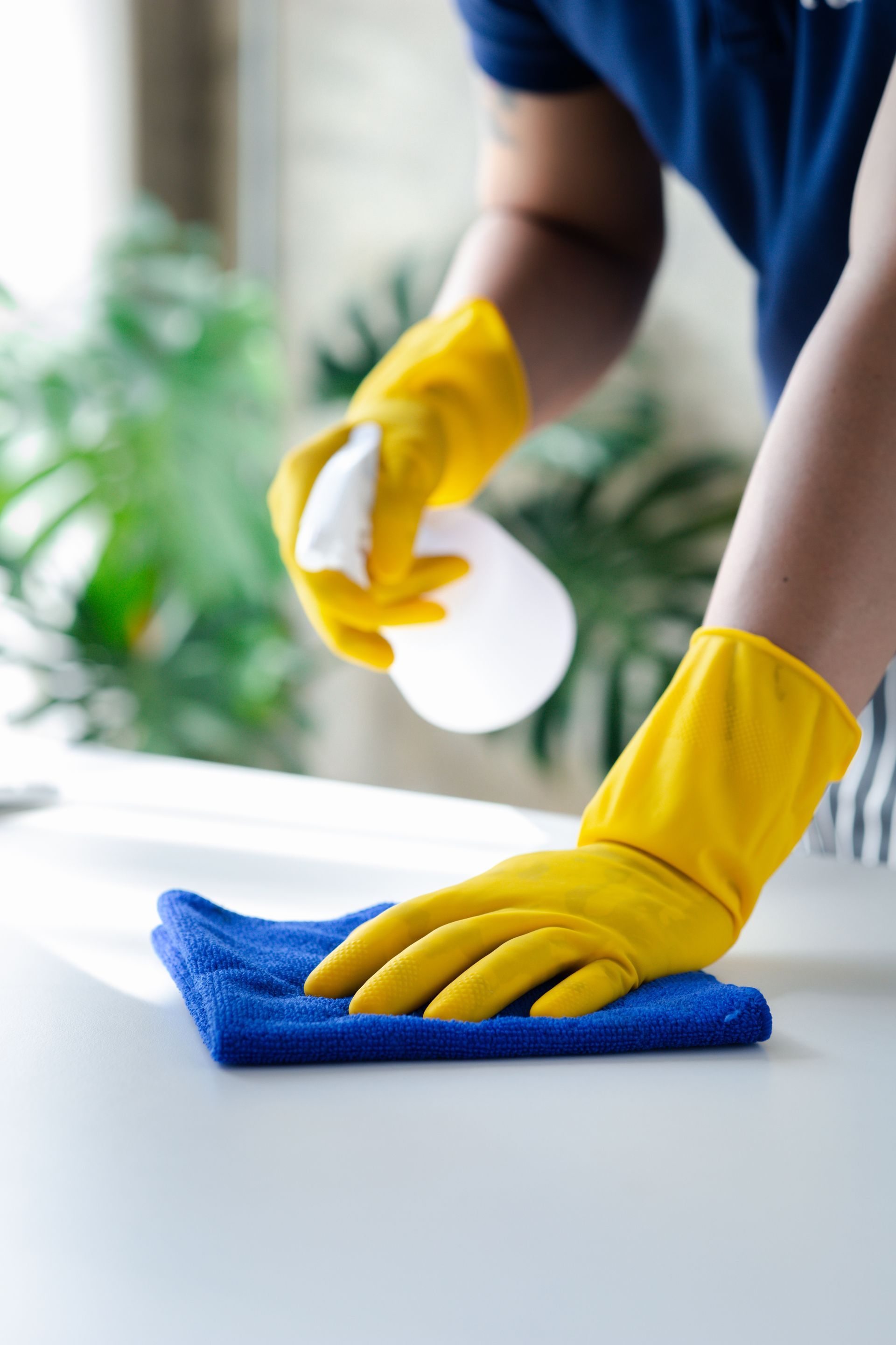 Person in yellow gloves spraying cleaner onto a blue cloth while wiping a white surface