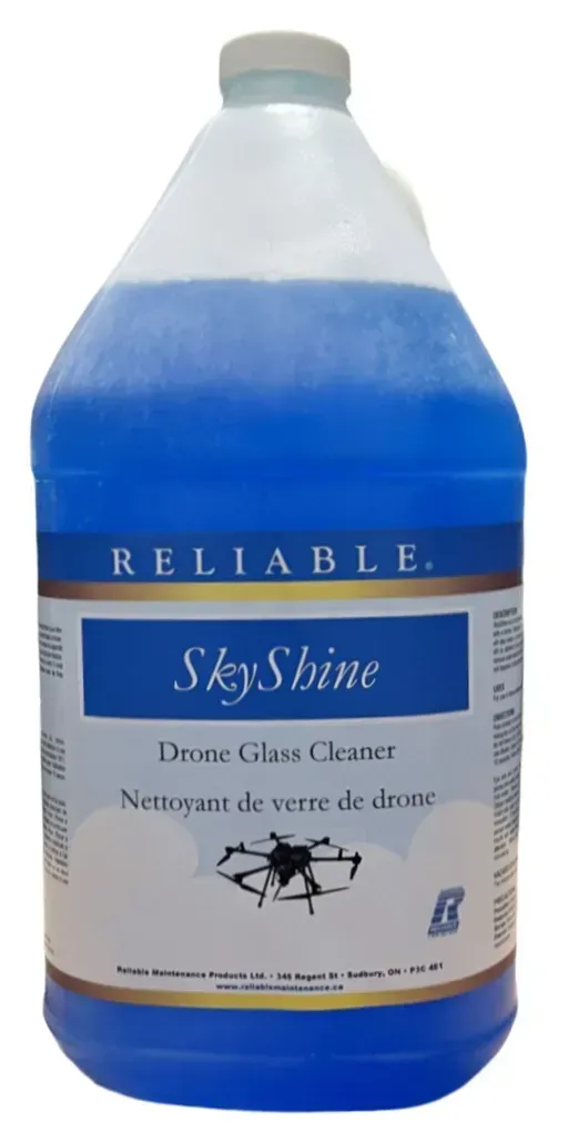 Blue bottle of Reliable SkyShine drone glass cleaner.