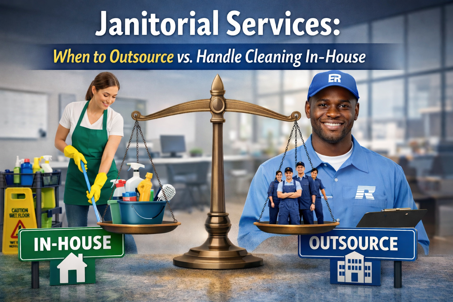 Janitorial services comparison graphic showing in-house cleaning versus outsourced cleaning.