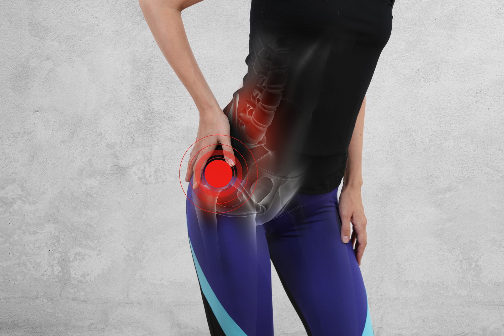 Woman with hand on hip, highlighting hip pain with red overlay; a light grey background.